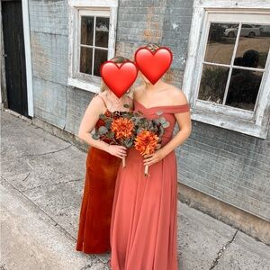 Lulu's Off-the-Shoulder Rust Bridesmaid Dress